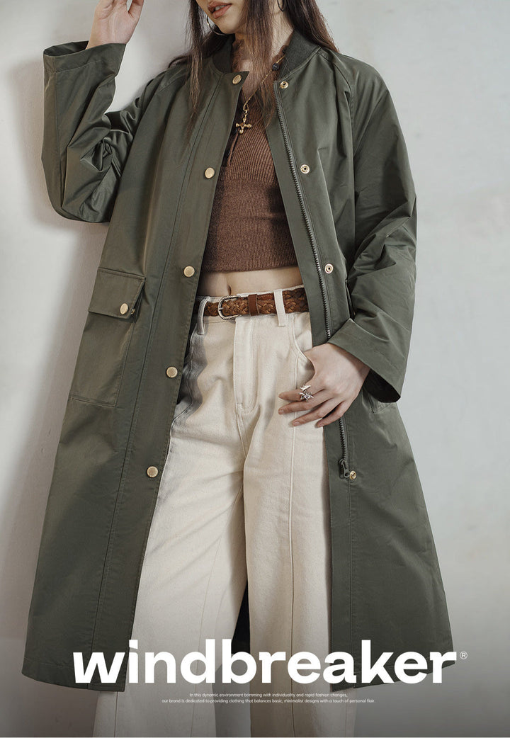 VAAGOON Retro Windbreaker Olive Green Mid-length Trench Coat