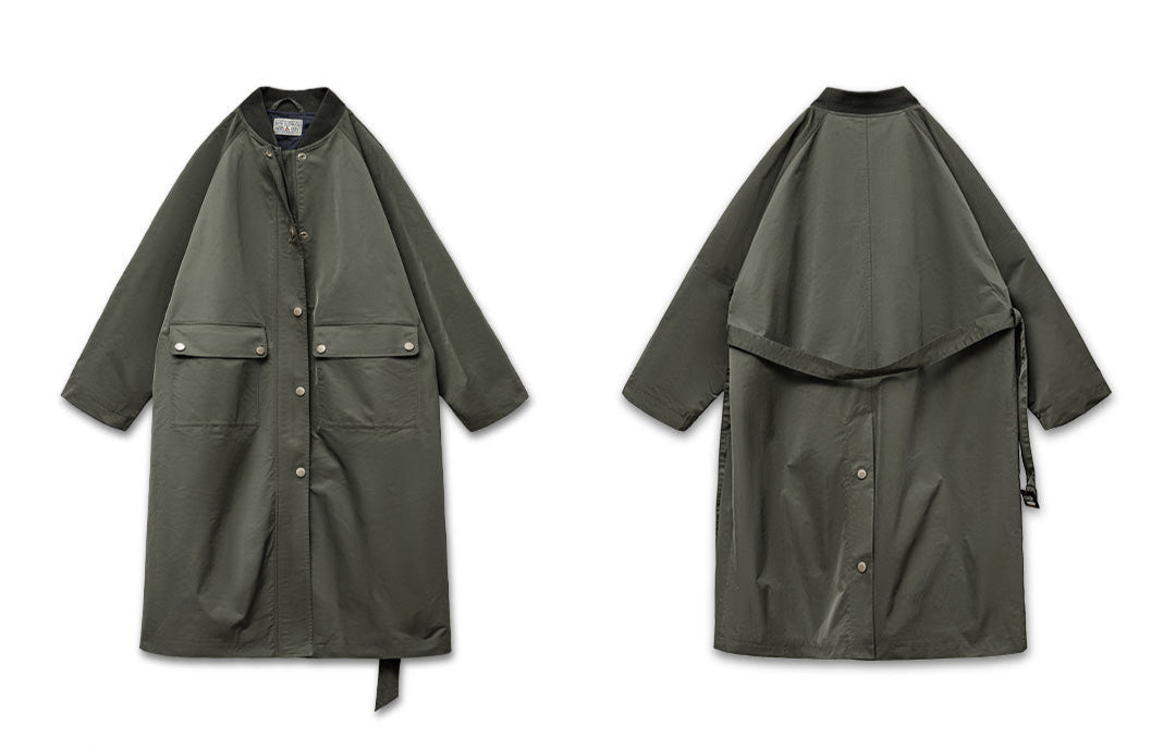 VAAGOON Retro Windbreaker Olive Green Mid-length Trench Coat