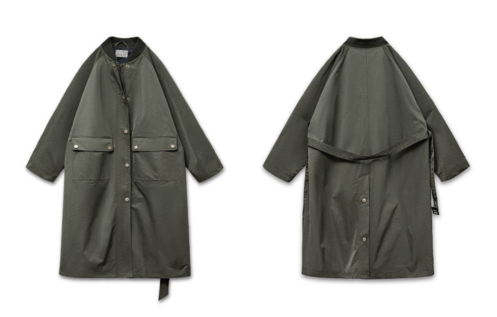 VAAGOON Retro Windbreaker Olive Green Mid-length Trench Coat