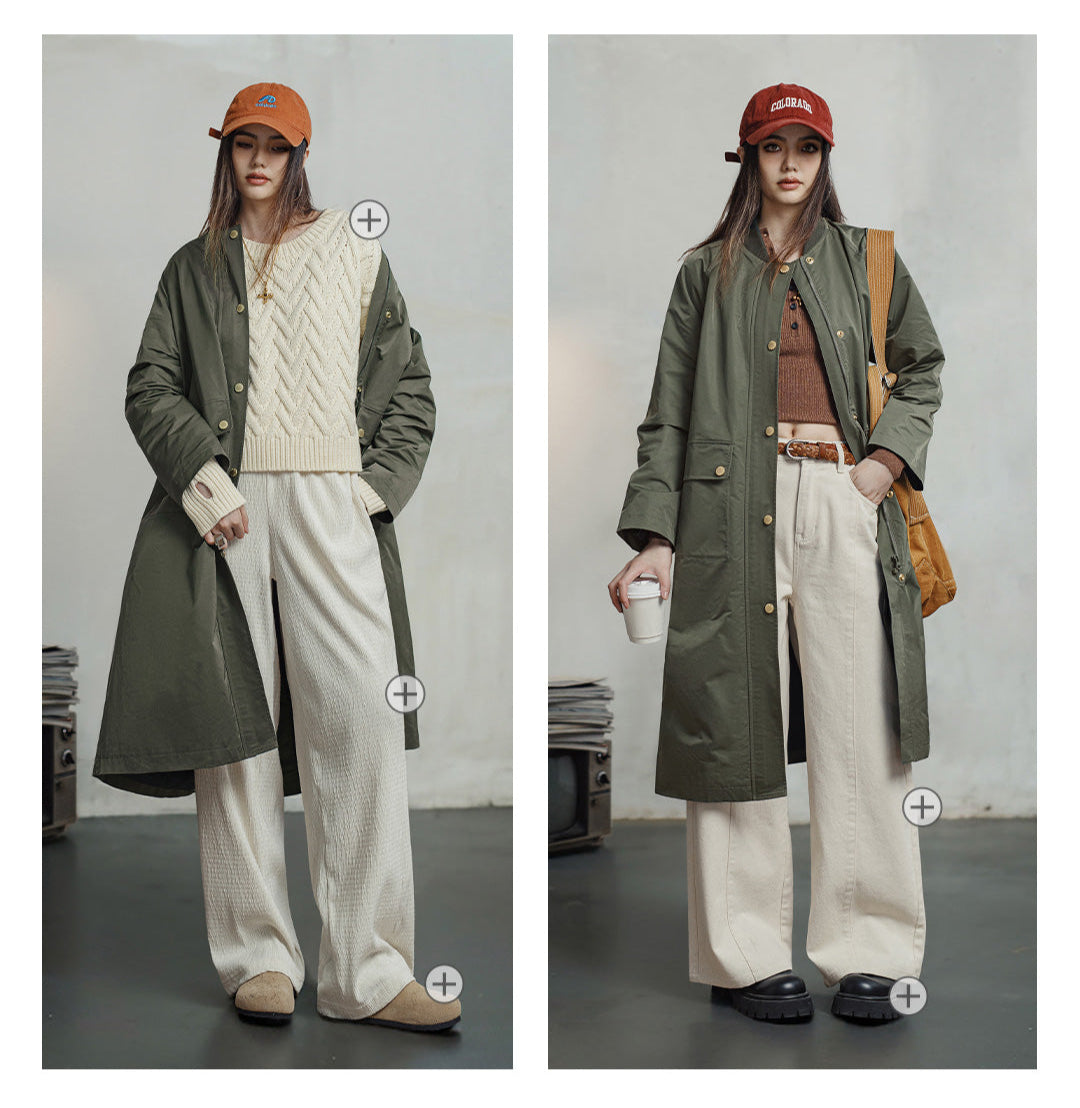 VAAGOON Retro Windbreaker Olive Green Mid-length Trench Coat