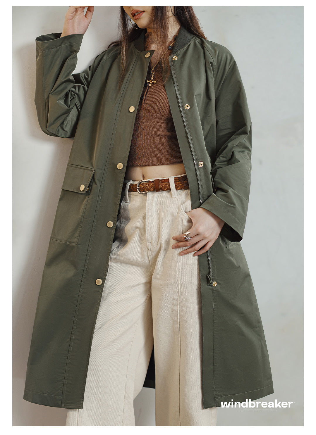VAAGOON Retro Windbreaker Olive Green Mid-length Trench Coat