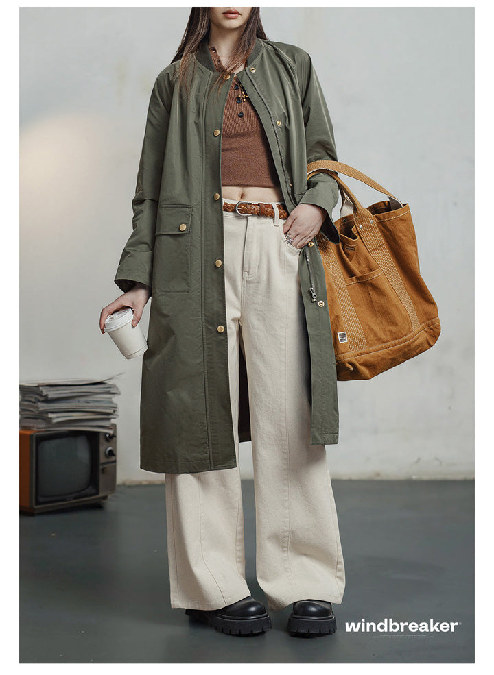 VAAGOON Retro Windbreaker Olive Green Mid-length Trench Coat
