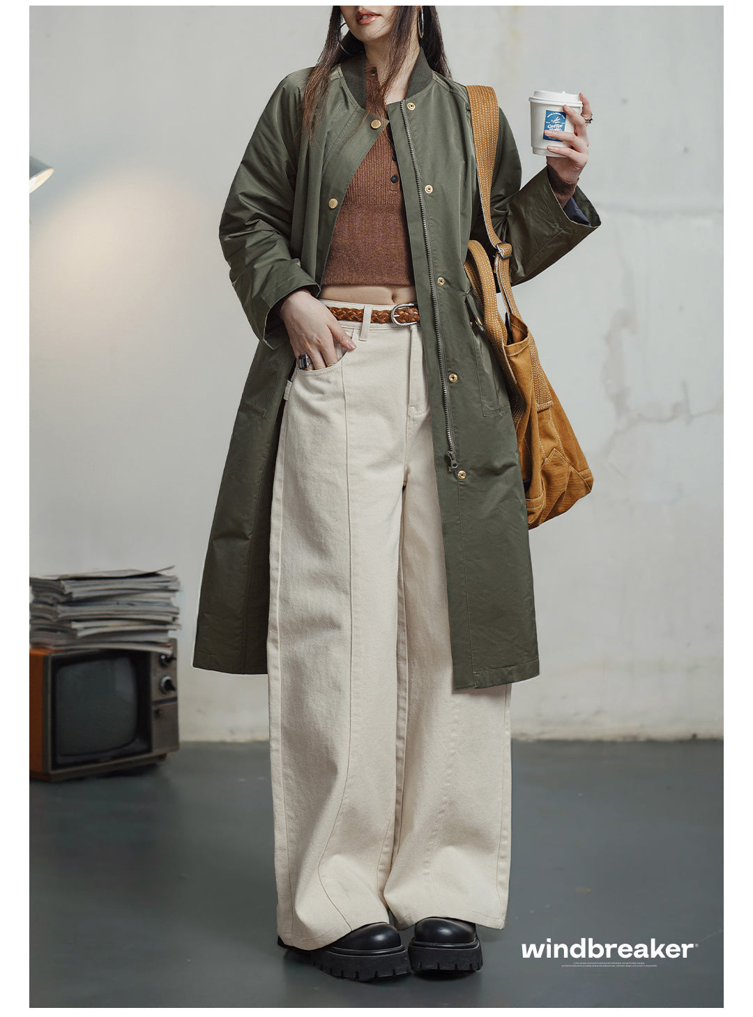 VAAGOON Retro Windbreaker Olive Green Mid-length Trench Coat