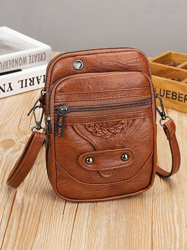 Vintage Distressed Studded Washed Leather Crossbody Bag