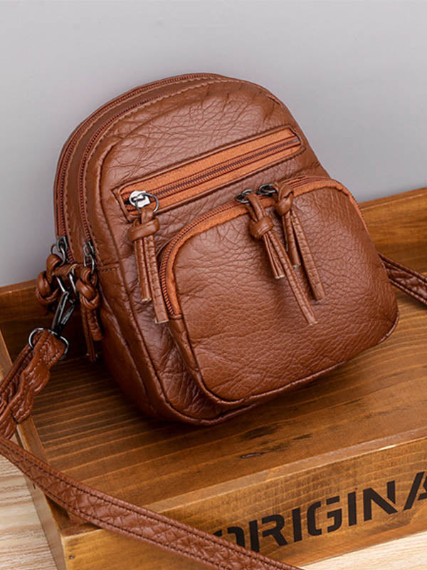 Vintage Distressed Washed Multi-Layer Leather Crossbody Bag