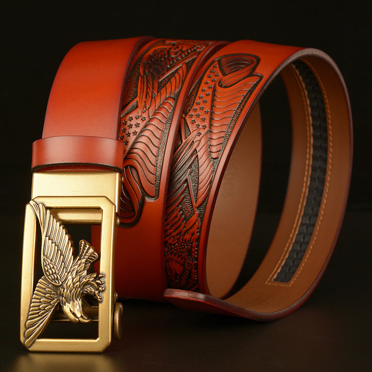 VAAGOON 4018 Black Flying Eagle Pattern Genuine Leather Belt – Wide Eagle Buckle