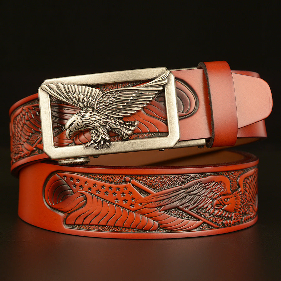 VAAGOON 4018 Black Flying Eagle Pattern Genuine Leather Belt – Wide Eagle Buckle