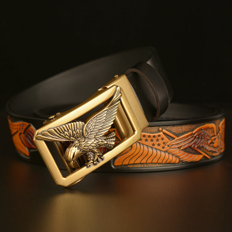 VAAGOON 4018 Black Flying Eagle Pattern Genuine Leather Belt – Wide Eagle Buckle