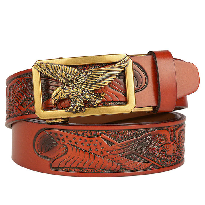 VAAGOON 4018 Black Flying Eagle Pattern Genuine Leather Belt – Wide Eagle Buckle