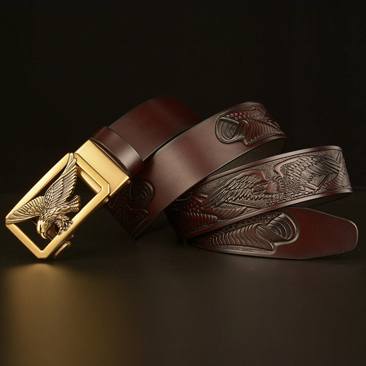 VAAGOON 4018 Black Flying Eagle Pattern Genuine Leather Belt – Wide Eagle Buckle