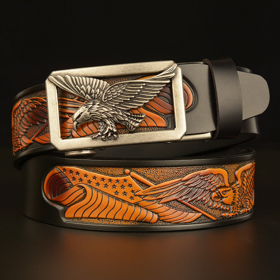 VAAGOON 4018 Black Flying Eagle Pattern Genuine Leather Belt – Wide Eagle Buckle