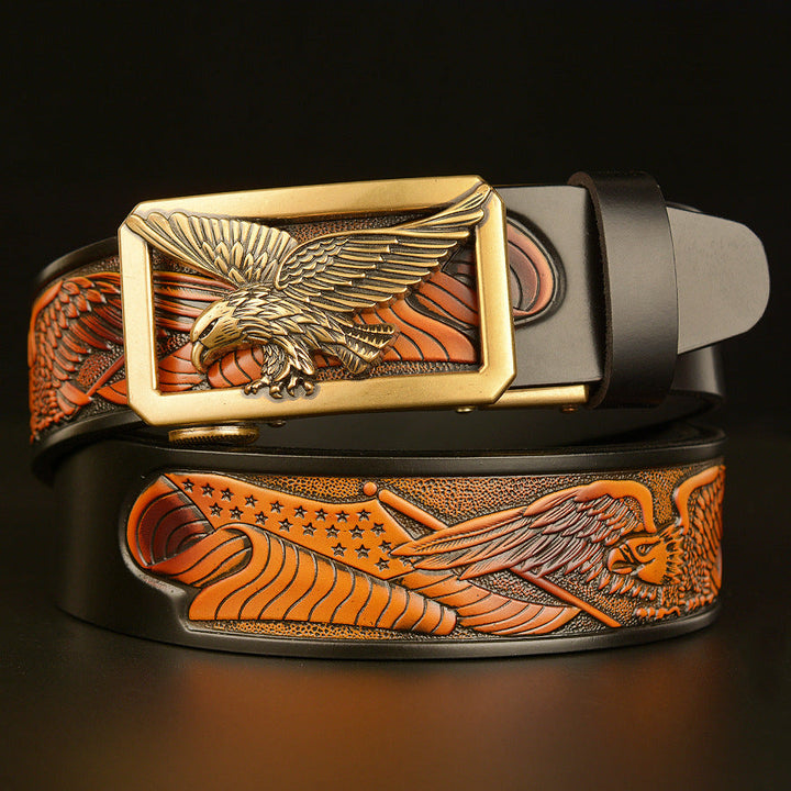 VAAGOON 4018 Black Flying Eagle Pattern Genuine Leather Belt – Wide Eagle Buckle