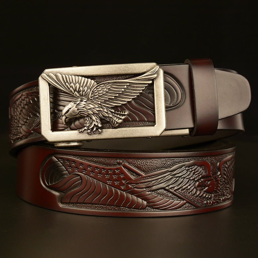 VAAGOON 4018 Black Flying Eagle Pattern Genuine Leather Belt – Wide Eagle Buckle