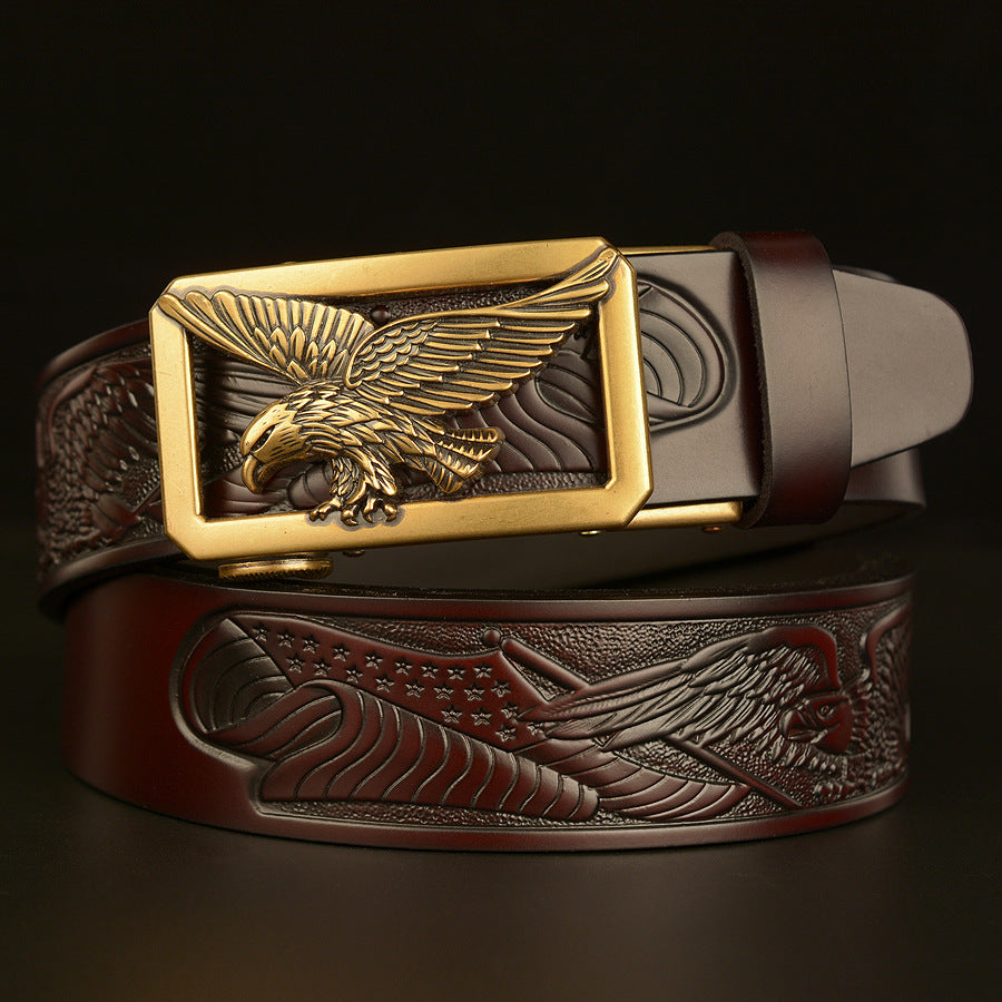 VAAGOON 4018 Black Flying Eagle Pattern Genuine Leather Belt – Wide Eagle Buckle
