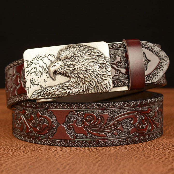 VAAGOON Engraved Black Round Pattern Genuine Leather Belt 03 – Eagle Buckle