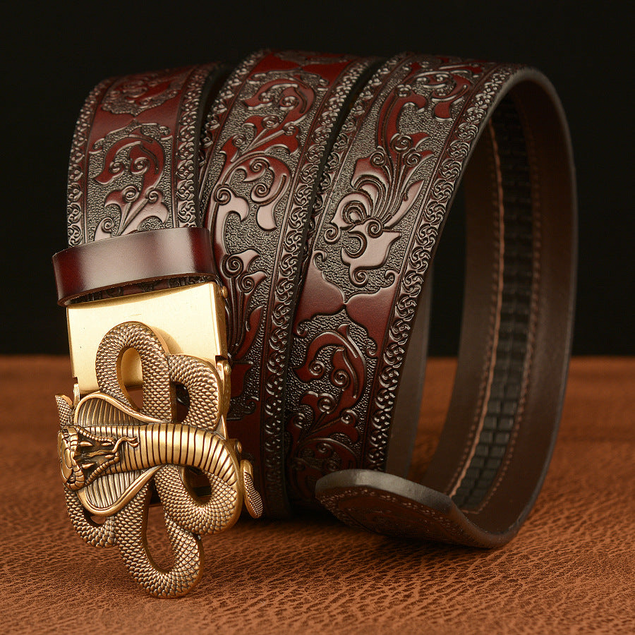 VAAGOON Engraved Black Cobra Pattern Genuine Leather Belt – Snake Buckle