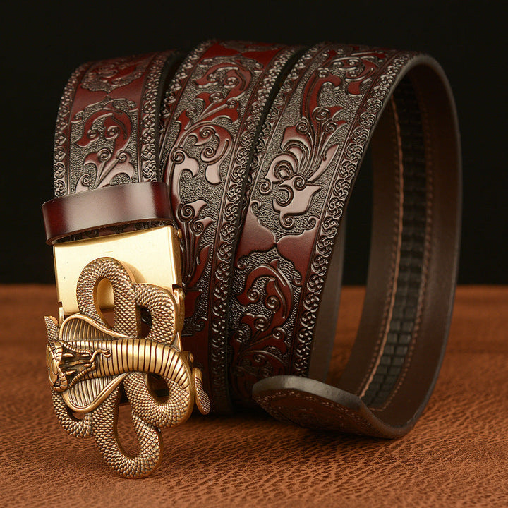 VAAGOON Engraved Black Cobra Pattern Genuine Leather Belt – Snake Buckle
