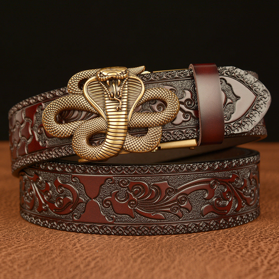 VAAGOON Engraved Black Cobra Pattern Genuine Leather Belt – Snake Buckle