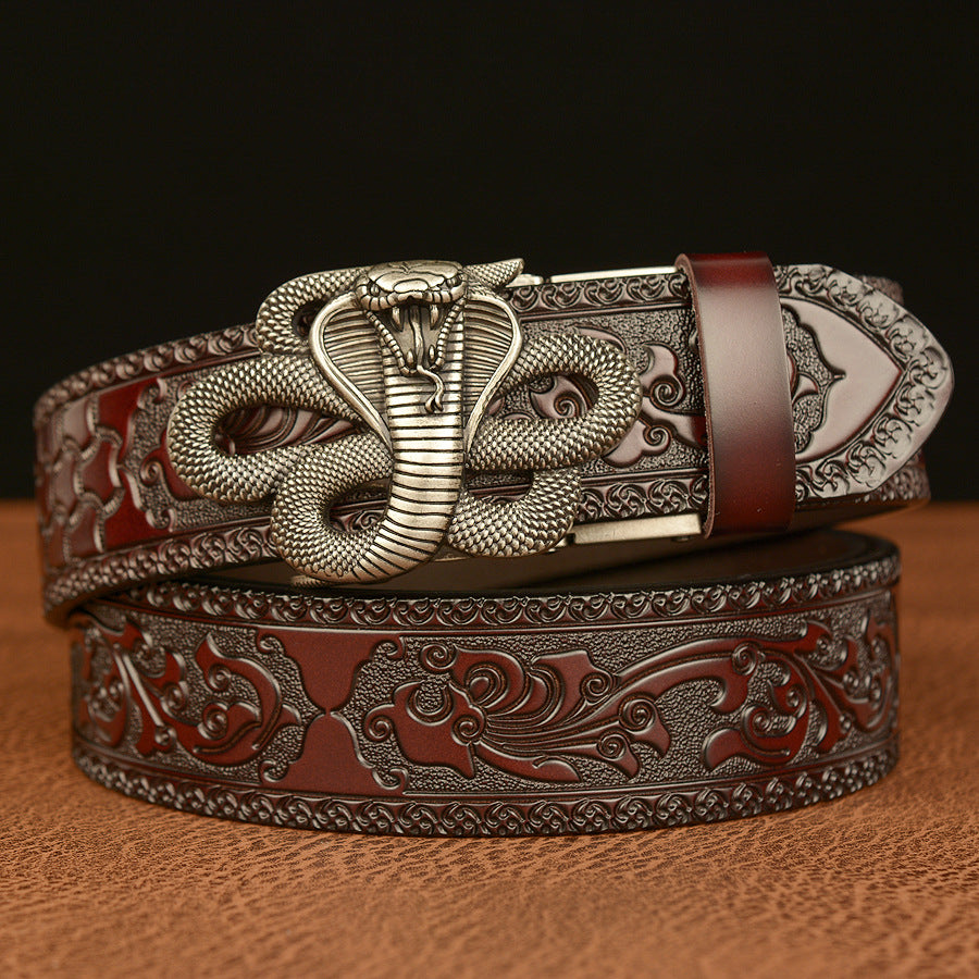 VAAGOON Engraved Black Cobra Pattern Genuine Leather Belt – Snake Buckle