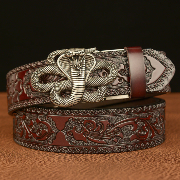 VAAGOON Engraved Black Cobra Pattern Genuine Leather Belt – Snake Buckle