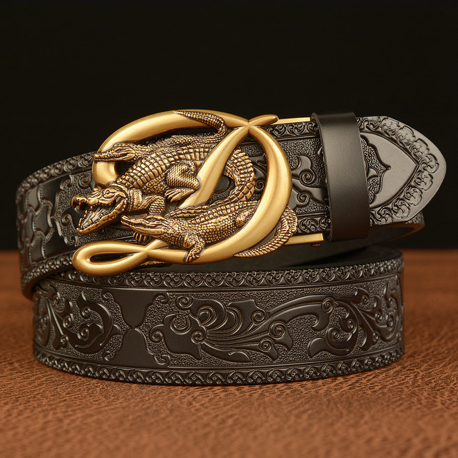 VAAGOON Engraved Black Double Crocodile Pattern Genuine Leather Belt – Crocodile Buckle