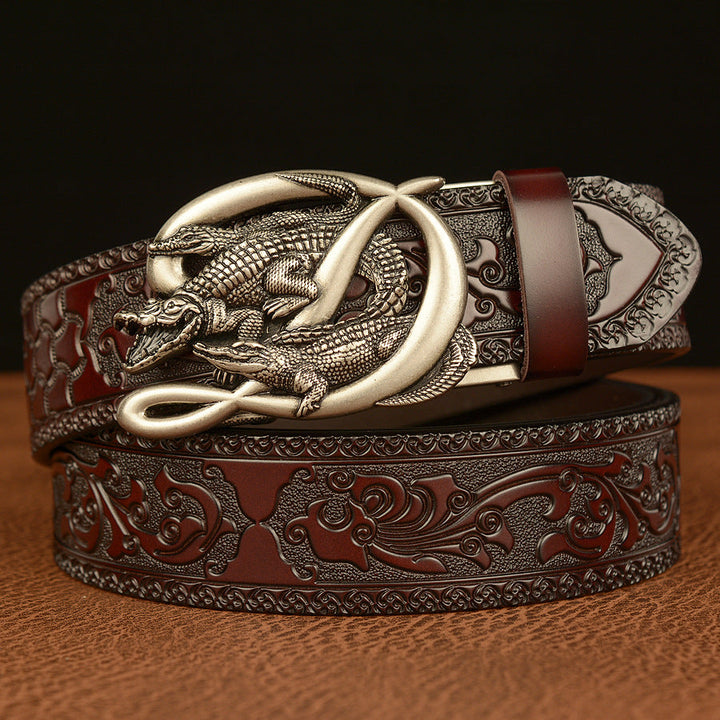 VAAGOON Engraved Black Double Crocodile Pattern Genuine Leather Belt – Crocodile Buckle