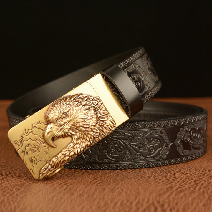 VAAGOON Engraved Black Round Pattern Genuine Leather Belt 03 – Eagle Buckle