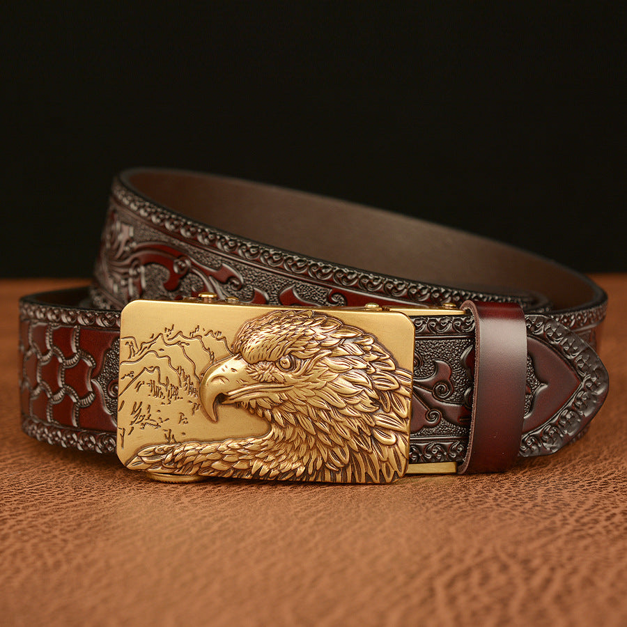 VAAGOON Engraved Black Round Pattern Genuine Leather Belt 03 – Eagle Buckle