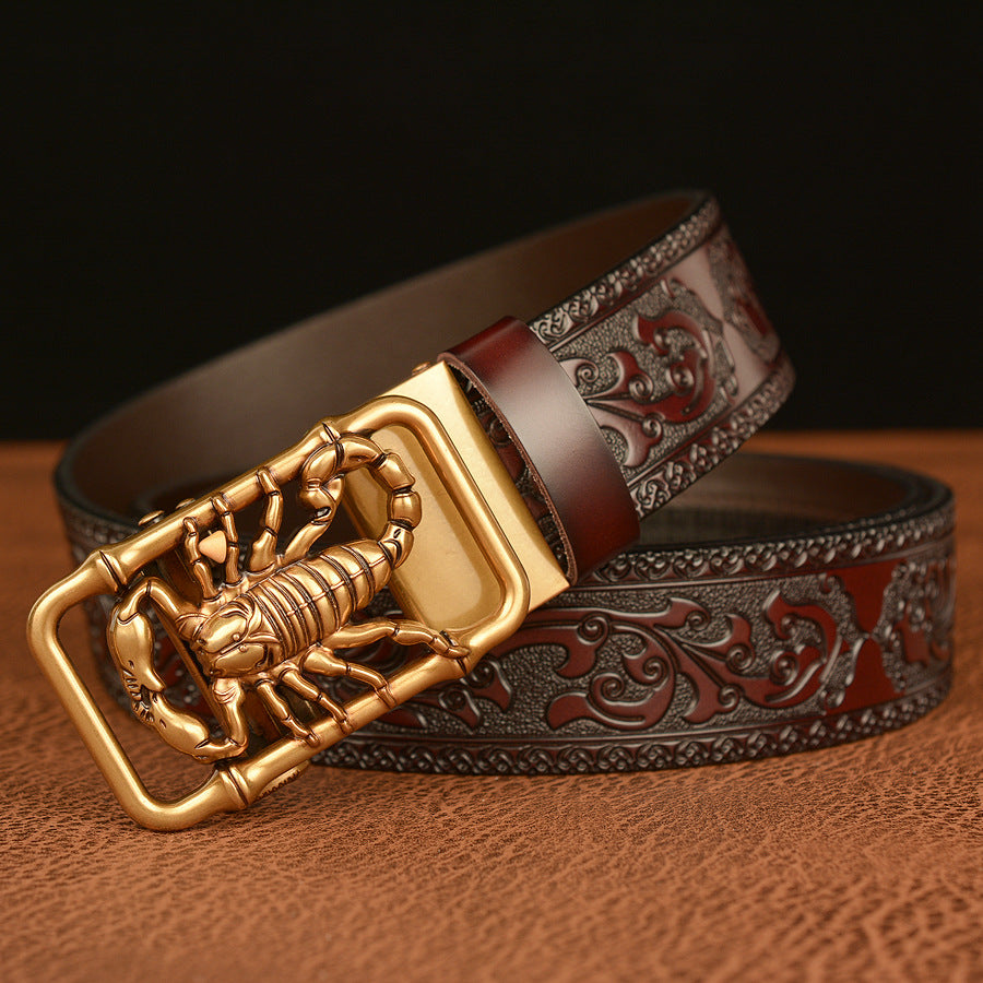 VAAGOON Engraved Black Scorpion Pattern Genuine Leather Belt – Scorpion Buckle