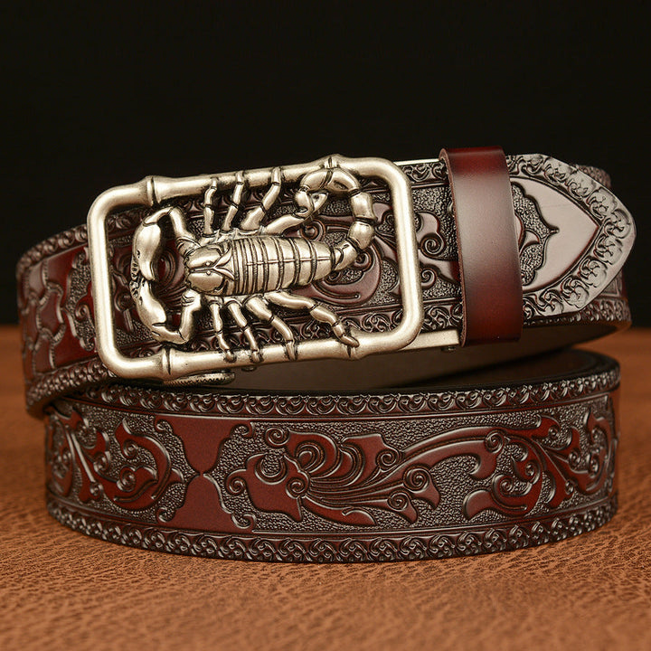 VAAGOON Engraved Black Scorpion Pattern Genuine Leather Belt – Scorpion Buckle