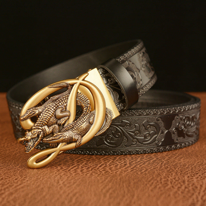 VAAGOON Engraved Black Double Crocodile Pattern Genuine Leather Belt – Crocodile Buckle