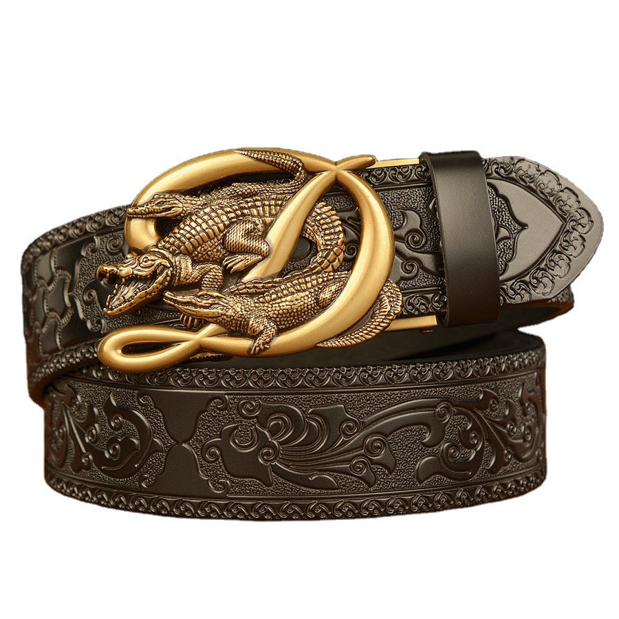 VAAGOON Engraved Black Double Crocodile Pattern Genuine Leather Belt – Crocodile Buckle