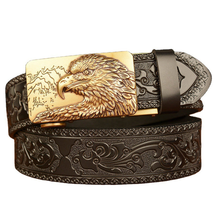 VAAGOON Engraved Black Round Pattern Genuine Leather Belt 03 – Eagle Buckle