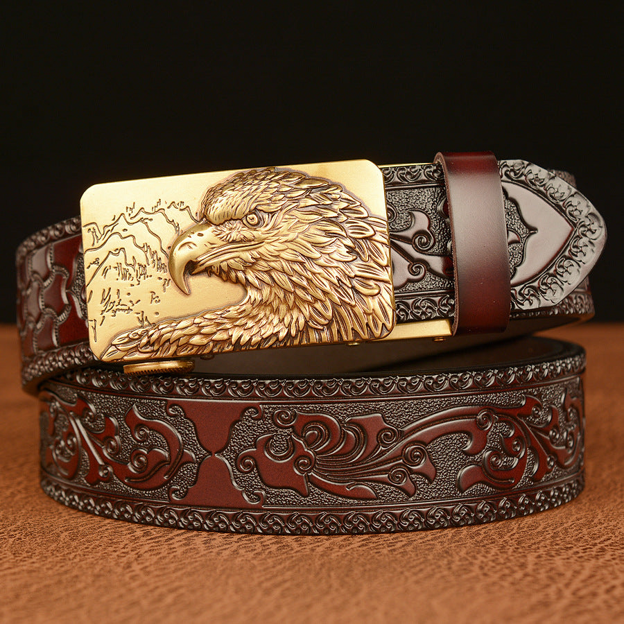 VAAGOON Engraved Black Round Pattern Genuine Leather Belt 03 – Eagle Buckle