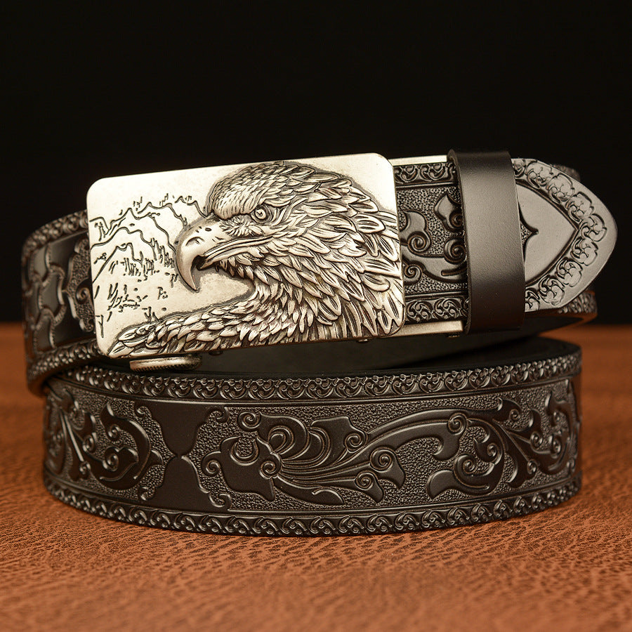 VAAGOON Engraved Black Round Pattern Genuine Leather Belt 03 – Eagle Buckle