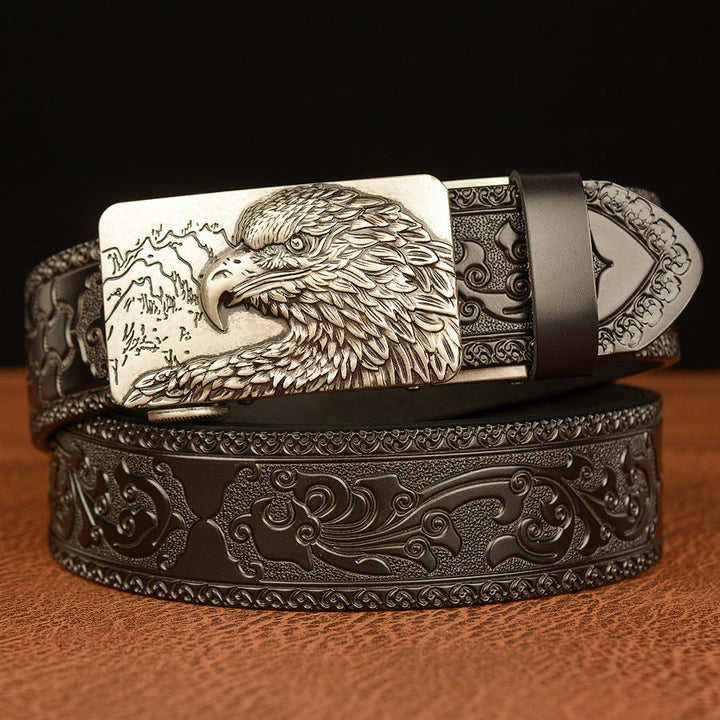 VAAGOON Engraved Black Round Pattern Genuine Leather Belt 03 – Eagle Buckle