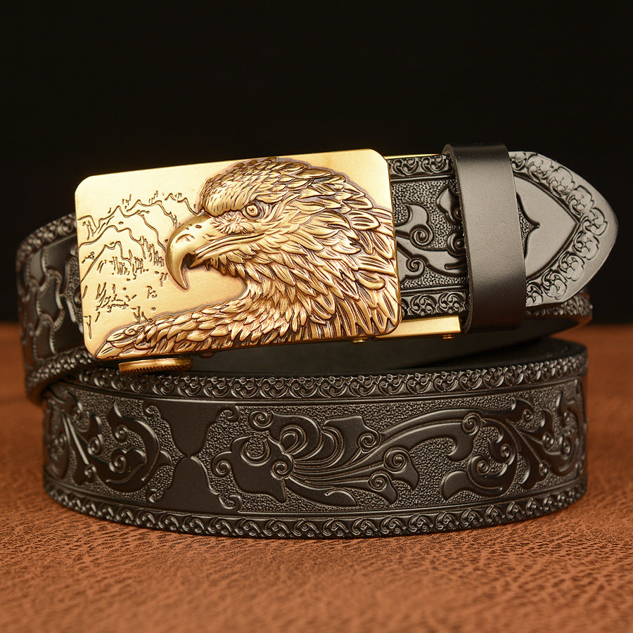 VAAGOON Engraved Black Round Pattern Genuine Leather Belt 03 – Eagle Buckle