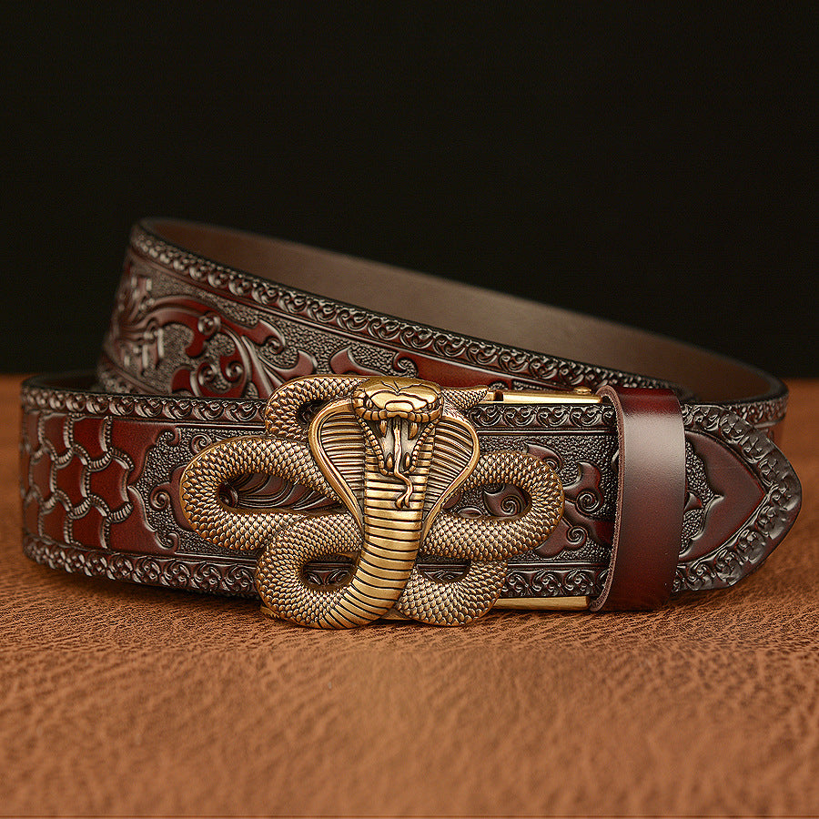 VAAGOON Engraved Black Cobra Pattern Genuine Leather Belt – Snake Buckle