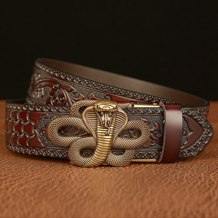 VAAGOON Engraved Black Cobra Pattern Genuine Leather Belt – Snake Buckle