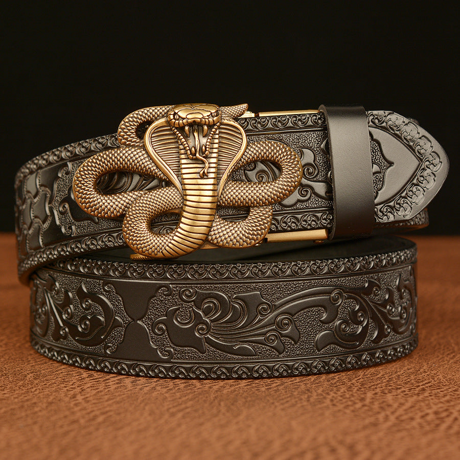 VAAGOON Engraved Black Cobra Pattern Genuine Leather Belt – Snake Buckle