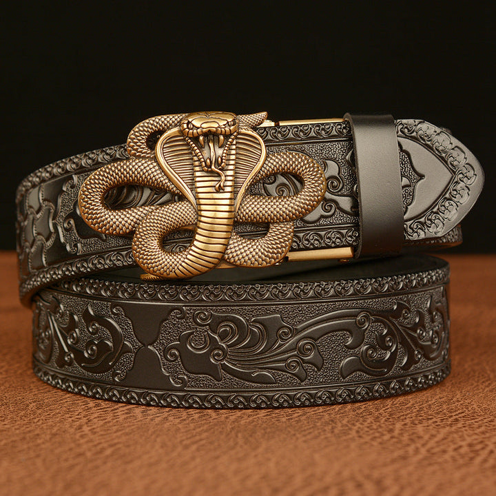 VAAGOON Engraved Black Cobra Pattern Genuine Leather Belt – Snake Buckle