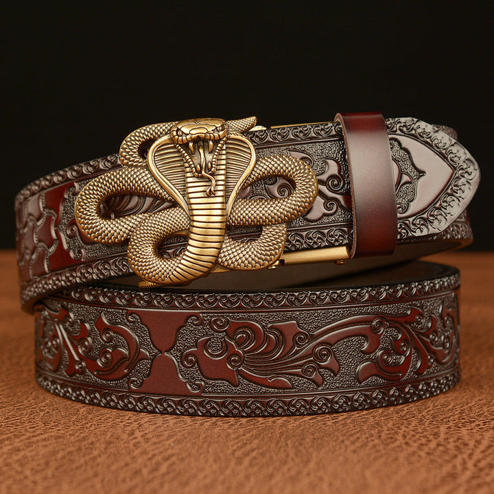 VAAGOON Engraved Black Cobra Pattern Genuine Leather Belt – Snake Buckle