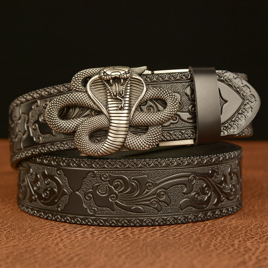 VAAGOON Engraved Black Cobra Pattern Genuine Leather Belt – Snake Buckle