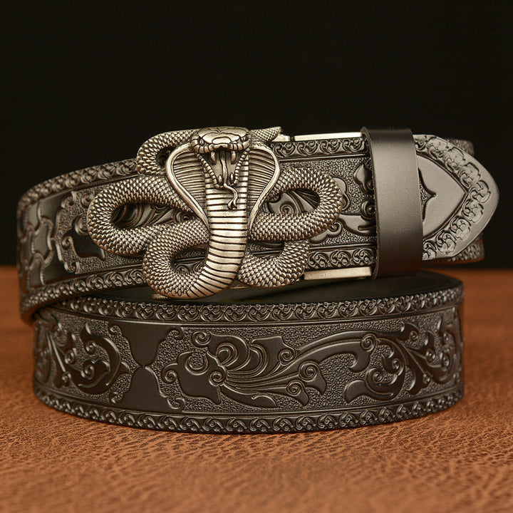 VAAGOON Engraved Black Cobra Pattern Genuine Leather Belt – Snake Buckle