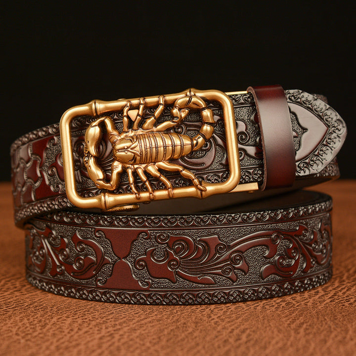 VAAGOON Engraved Black Scorpion Pattern Genuine Leather Belt – Scorpion Buckle