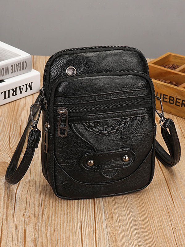 Vintage Distressed Studded Washed Leather Crossbody Bag