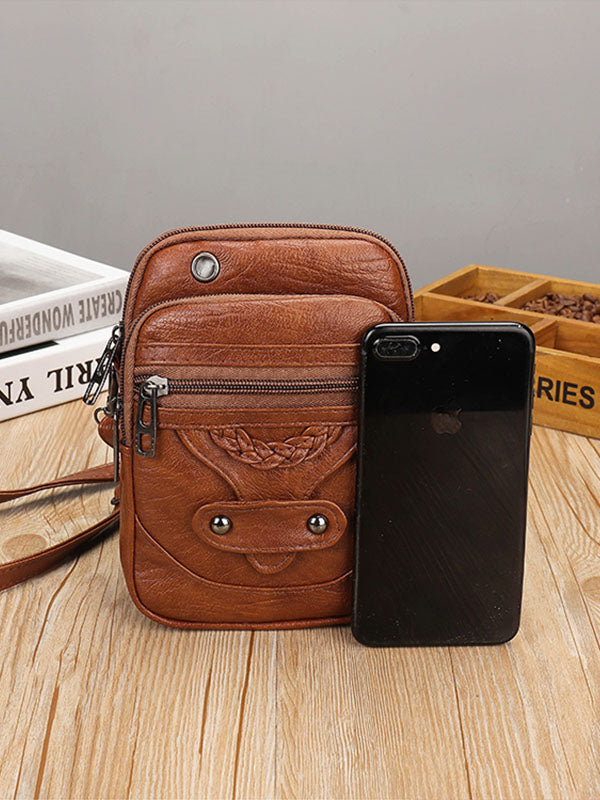 Vintage Distressed Studded Washed Leather Crossbody Bag