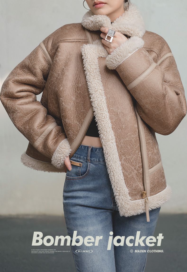 VAAGOON Bomber Imitation Lamb Fur Leather Jacket