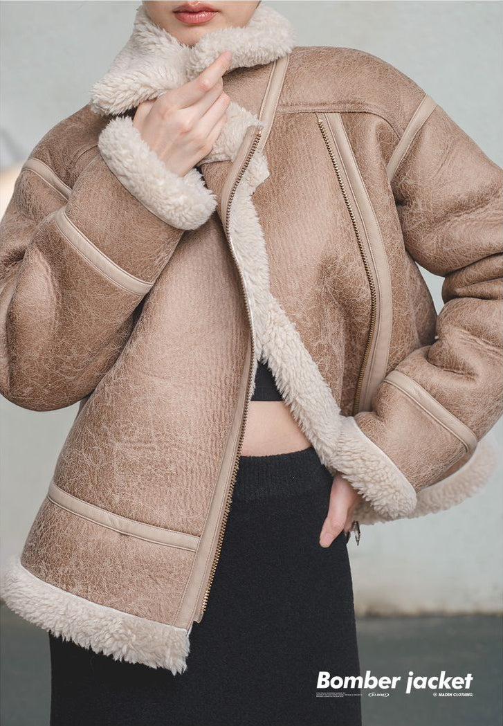 VAAGOON Bomber Imitation Lamb Fur Leather Jacket