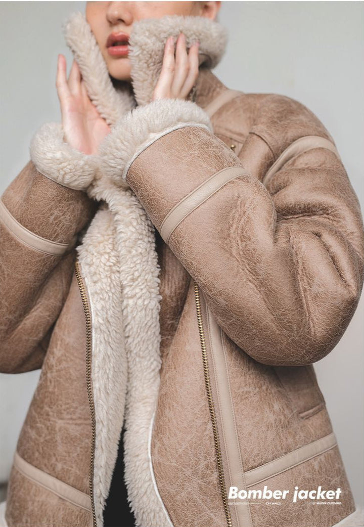 VAAGOON Bomber Imitation Lamb Fur Leather Jacket